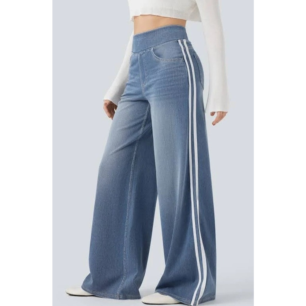 Halara Flex High Waisted Stripe Wide Leg Jeans Light Blue Wash XS Petite